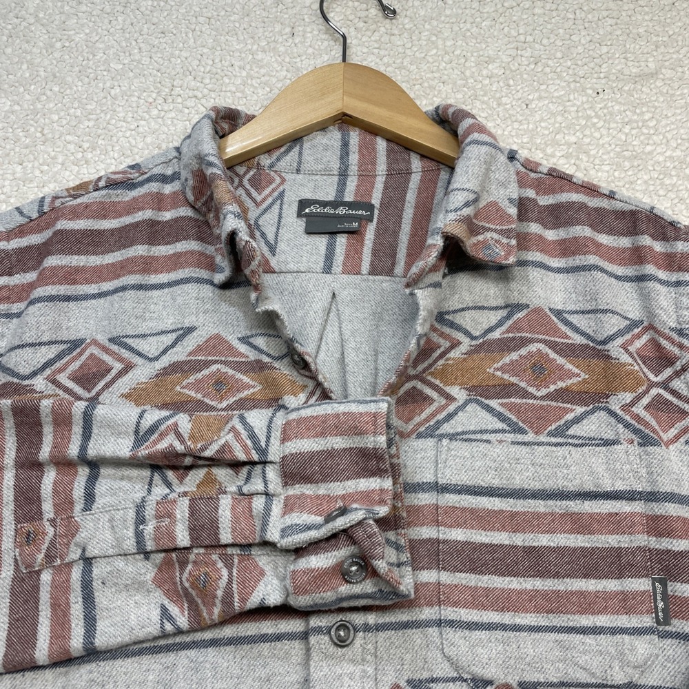 Eddie Bauer Shirt Mens M Grey Aztec Flannel Southwestern Long Sleeve Button Up